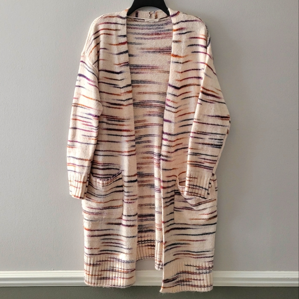 Loft Outlet Striped Cream/Multicolored Open Duster Cardigan Size: L